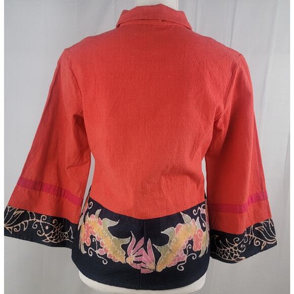 Vintage Boho Asian Festival Jacket Red Batik Dragon Pheonix Kimono Top Size M - Picture 4 of 10
